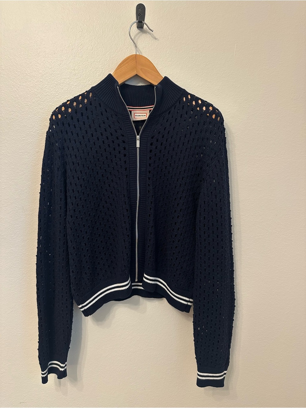 Hunter Navy Open-Knit Zip Front Bomber Cardigan